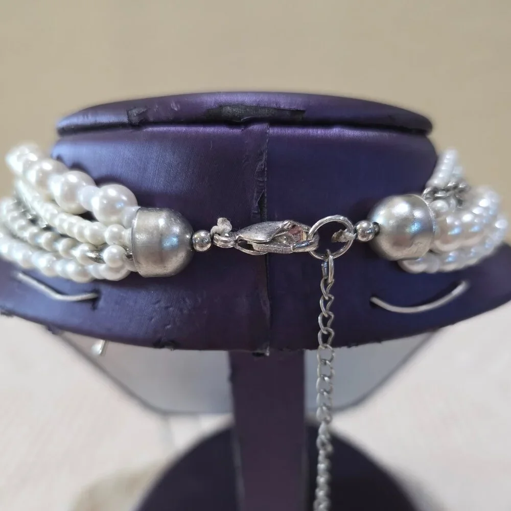 Pearls and Silver Chains Six 6 Strand Layered Vintage Long Elegant Necklace